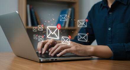 Poster - Person managing emails on laptop with notifications. Digital communication and workspace efficiency. Unread message alerts in modern office.