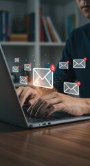 Poster - Person managing emails on laptop with notifications. Digital communication and workspace efficiency. Unread message alerts in modern office.