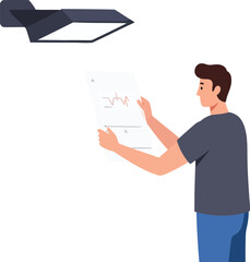 Poster - Man holding paper analyzing data with paper airplane icon vector illustration in simple flat design 