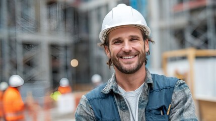 Wall Mural - Smiling man with long-sleeved inserts and white hard hat standing on a construction site