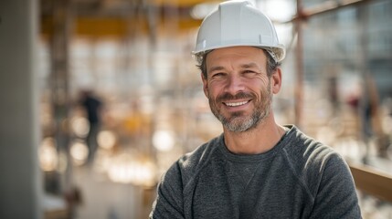 Wall Mural - Smiling man with long-sleeved inserts and white hard hat standing on a construction site