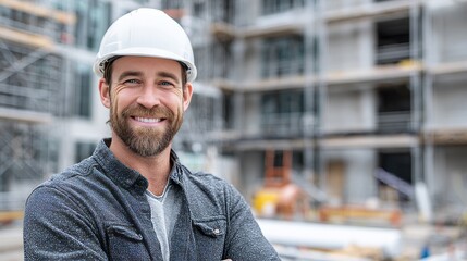 Wall Mural - Smiling man with long-sleeved inserts and white hard hat standing on a construction site