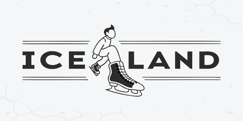 Poster - Stylized ice land text logo with a skater and a skate in black and white minimal design vector image