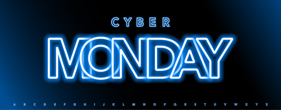 Blue neon alphabet, glowing outline letters, vibrant luminous font for promo banner, Cyber Monday sale, digital button, shop title, marketing headline, luminous typographic design. Vector typeset