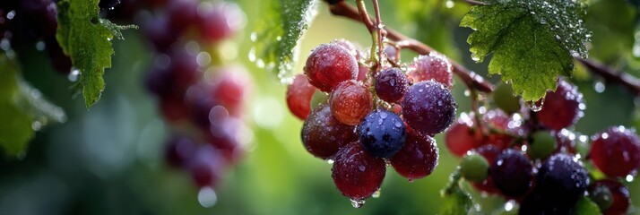 Poster - Close-up View of Fresh Grapes on Vine Glistening With Morning Dew in a Sunlit Vineyard