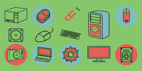 Fototapete - Flat colorful minimalist icons of computer hardware components in modern style