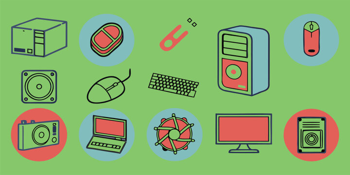 Flat colorful minimalist icons of computer hardware components in modern style