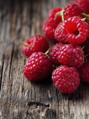 Poster - Close-up View of Fresh Red Raspberries Piled on a Rustic Wooden Surface Showcasing Their Vibrant Color and Juicy Texture