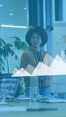 Poster - Animation of graphs, loading bars, map, diverse woman explaining strategy to coworkers on whiteboard