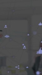 Poster - Animation of network of connections with icons over caucasian businesswoman using smartphone