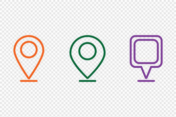 Poster - Location icon, map pin icons in outline styles. For maps, GPS, navigation apps, location markers. A placemark, pointer, or marker on a geolocation map. A designation of an address or GPS location. 