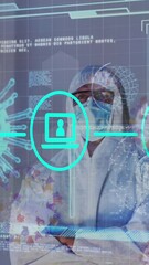 Poster - Animation of tech icons and virus cells over digital screen and medic in protective suit