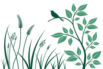 Botanical illustration of a tree and grass with a bird