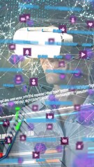 Poster - Animation of network of connections with icons over caucasian men wearing vr headset