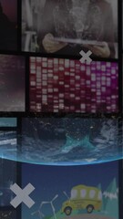 Poster - Animation of globe and icons over multiple different videos