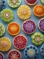 Poster - Colorful Fruit Mandalas Create a Modern Yoga Vibe, Showcasing Artistic Arrangements of Fresh Slices in a Serene Setting