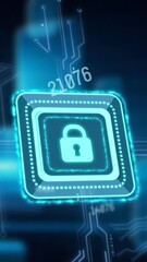 Poster - Animation of online security padlock icon with numbers processing on blue background