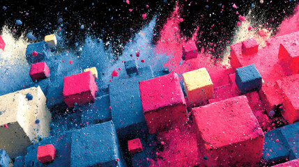 Poster - Geometric 3D composition with pink, blue, and white cubes splashed with vibrant paint, creating a bold, urban graffiti-inspired effect