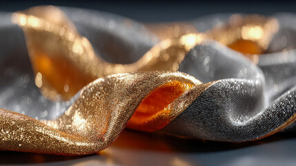 Poster - Close-up of shimmering silky fabric in gold, silver, and blue tones, with glittering texture and soft flowing curves in dramatic lighting