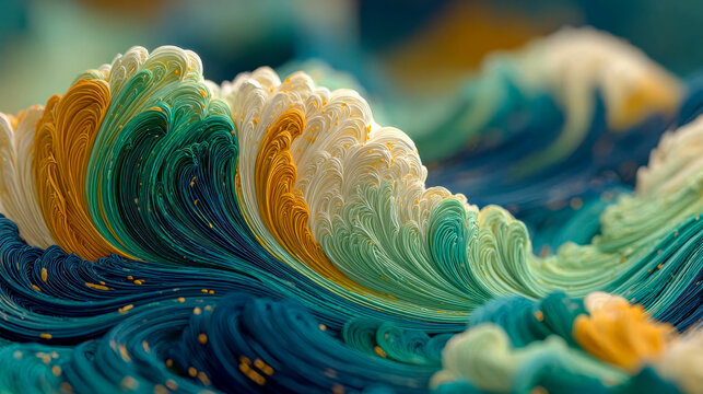 Abstract colorful wave of curved strands in teal, white, orange, and blue, resembling flowing paint or fiber in a vibrant digital composition