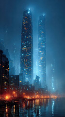 Poster - Futuristic cityscape with towering skyscrapers glowing in cool blue neon, reflected dramatically on a rain-slicked promenade at night
