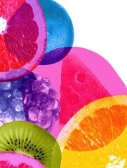 Poster - Bright and Vibrant Collage of Overlapping Fruit Textures Showcasing Juicy Slices and Colorful Hues for a Fresh Magazine Design