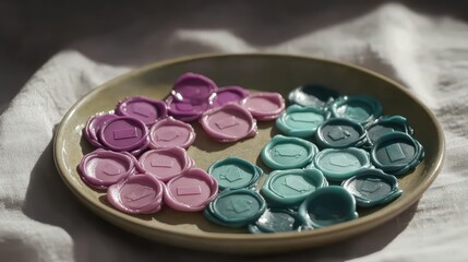Poster - Colorful Wax Seals on a Plate for Creative Crafting and Decoration