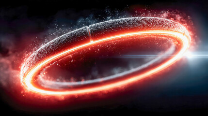 Fototapete - Futuristic glowing ring hovering above a reflective wet surface in a dark, minimal sci-fi environment