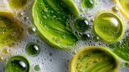 Poster - Close-up of green and yellow oil bubbles on a textured white surface with rich lighting and reflections