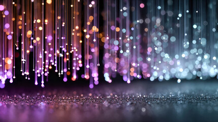 Fototapete - Vibrant fiber optic lights cascading in vertical strands with glowing bokeh in purple, blue, and orange