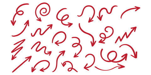 Poster - Arrows hand drawn doodle icons set. Curved cartoon arrows sketches collection. Flat and thin pointers illustrations. Scribble swirl arrow signs.