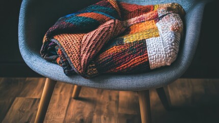 Poster - Cozy plaid blanket draped over modern grey chair in warm room