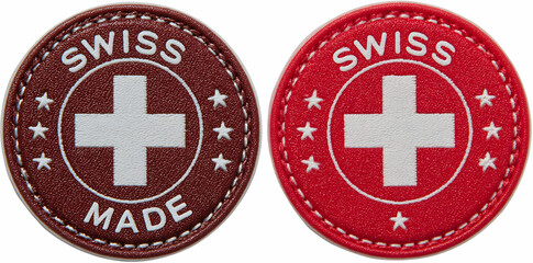 Poster - Two Distinct Round Leather Patches Featuring Swiss Made Emblems with Cross on White Background