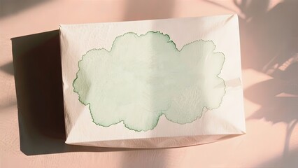 Poster - A pastel-colored package rests on a surface, illuminated by gentle sunlight. The design features a light green watercolor pattern, adding a creative touch. Shadows create depth around it