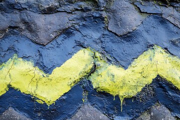 Poster - Jagged zigzag lines in chartreuse and deep cobalt flowing across a textured slate grey surface 