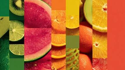 Poster - Collage of Vibrant Overlapping Fruit Textures Showcasing Natural Patterns and Colors in a Magazine Style Layout