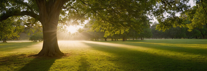 Poster - Sunlight breaks over the horizon, illuminating a park filled with lush trees and dew-kissed grass. The serene environment invites relaxation and reflection during early morning hours