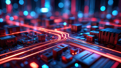 Poster - Glowing red and blue lines weave through a close-up of a detailed circuit board, showcasing intricate microchips and components against a dark backdrop