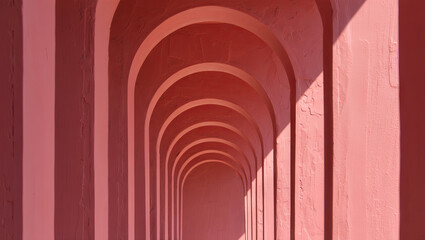 Poster - Subtle pink arches stretch into the distance, illuminated by soft sunlight, creating a peaceful and artistic atmosphere in this beautiful setting