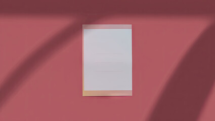 Poster - A blank sheet of paper rests on a coral-colored surface, illuminated by natural light. Shadows create interesting patterns, adding depth to the simple composition