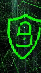 Poster - Animation of cyber padlock icon over green light trails and digital wave against server room