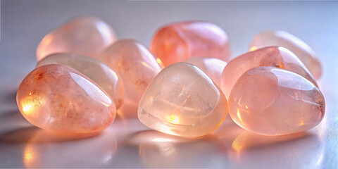 Poster - Various rose quartz stones are artistically arranged, glimmering under soft light. Their smooth surfaces reflect a warm glow, enhancing their natural pink shades in a decorative display