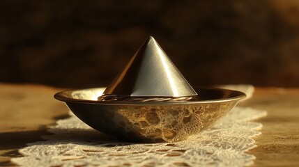 Poster - Elegant Metallic Pyramid on Antique Plate with Lace Background