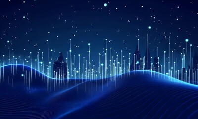 Aufkleber - Abstract digital blue background with glowing dots and lines forming a landscape. Big data technology concept design