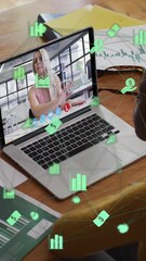 Poster - Animation of connected icons globe, diverse coworkers discussing over video call on laptop