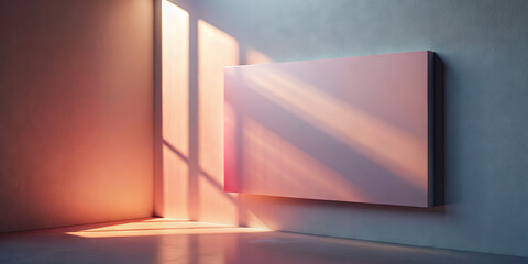 Poster - Warm sunlight filters through large windows, casting soft shadows and illuminating a smooth pink wall in a tranquil interior space. The atmosphere is calm and inviting