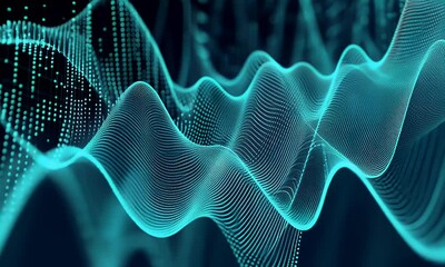 Fototapete - Abstract blue wave background with dots and lines, a high-tech concept of big data or digital technology. Abstract wavy pattern in a turquoise color. Digital sound waves, 
