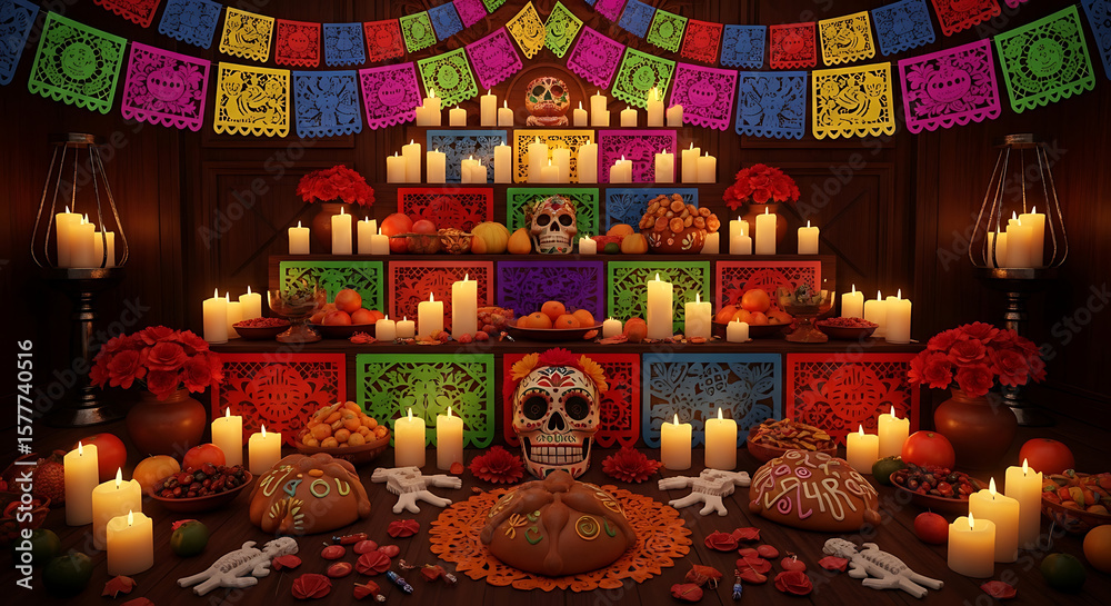 Ofrenda Explained Traditional Dia de los Muertos Ofrenda with Candles and Marigolds Stock ...