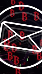 Poster - Animation of bitcoin icons, email envelope and data processing over black background
