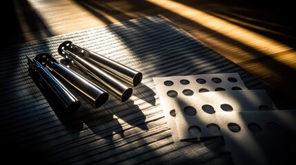 Poster - Metallic Tubes and Paper Sheets on Wooden Surface with Shadow Play